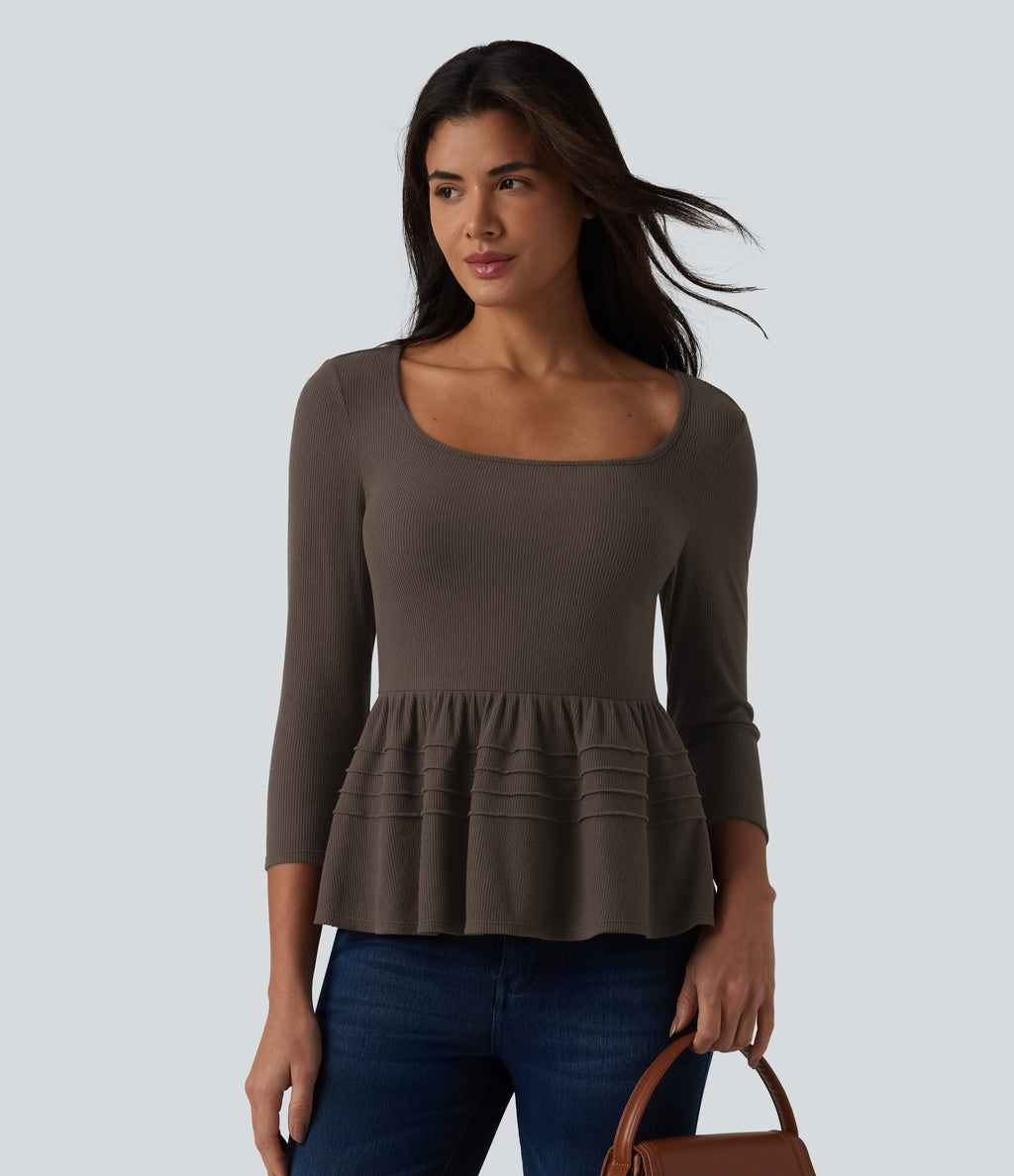 Ribbed Knit U-Neck 3/4 Sleeve Casual Babydoll Top — Bracken — view 2
