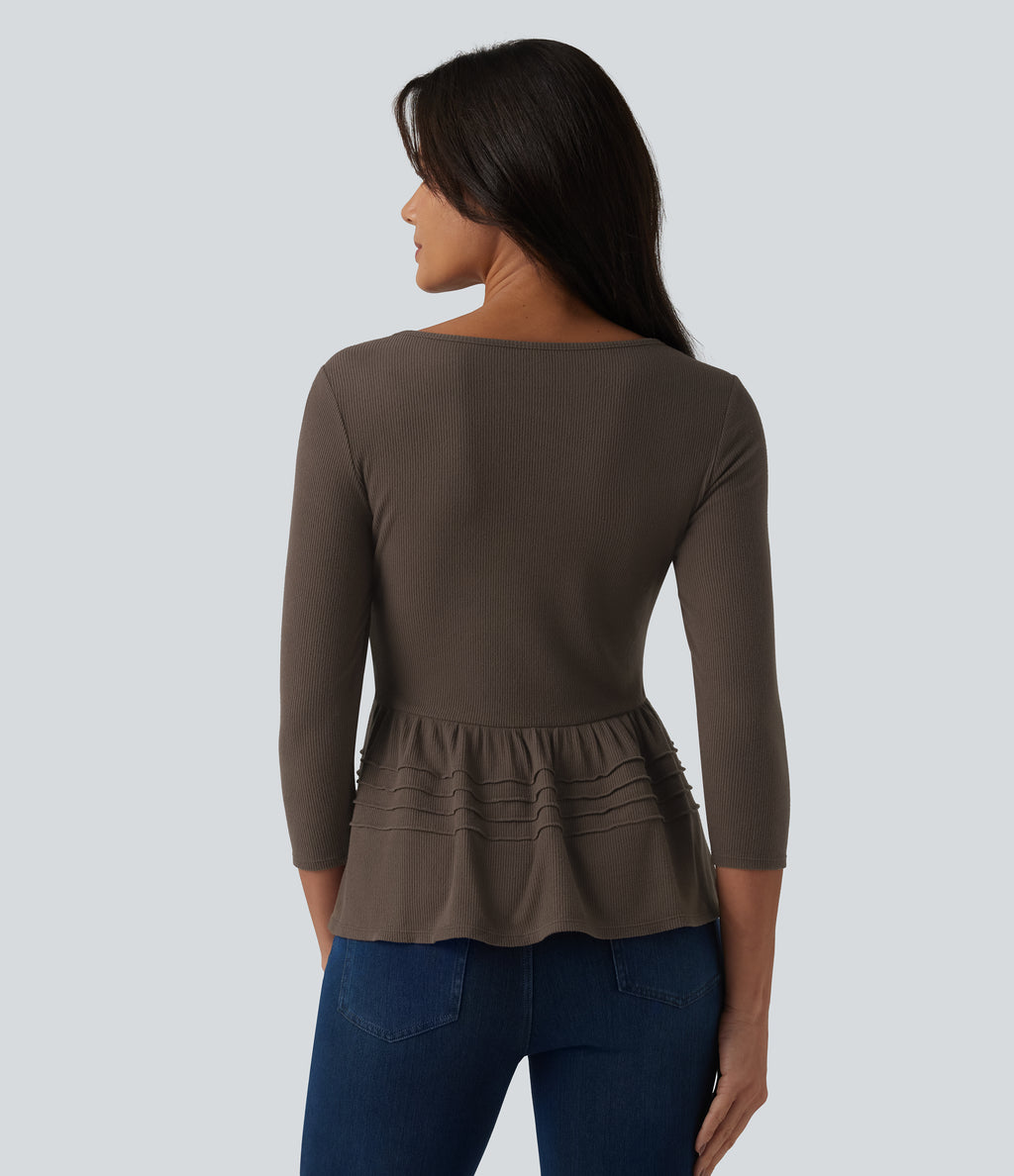 Ribbed Knit U-Neck 3/4 Sleeve Casual Babydoll Top — Bracken — view 3