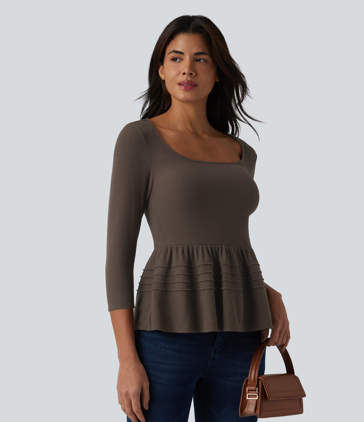 Ribbed Knit U-Neck 3/4 Sleeve Casual Babydoll Top — Bracken — view 4