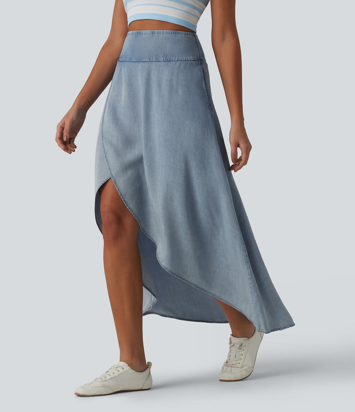 High Waisted Invisible Zipper Asymmetric Hem Midi Draped Lyocell Denim Casual Flowy Skirt with Pockets — Malibu Blue Denim — view 1