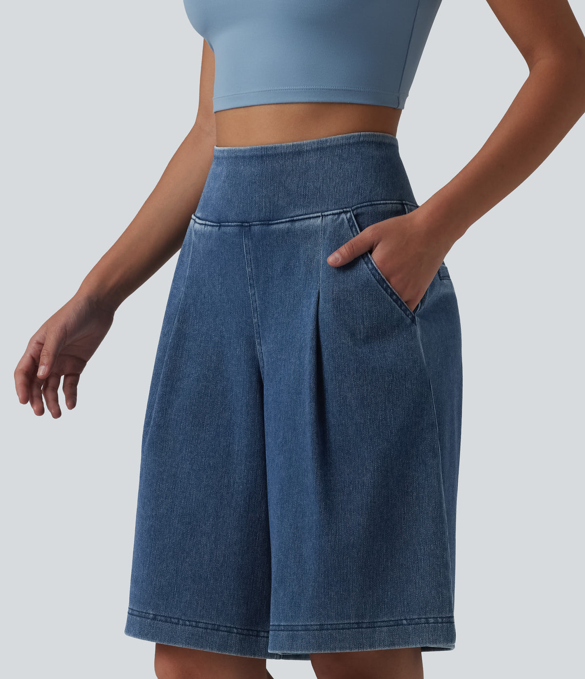 High Waisted Denim Casual Baggy Shorts 10'' with Pockets — Estate Blue Denim — view 1