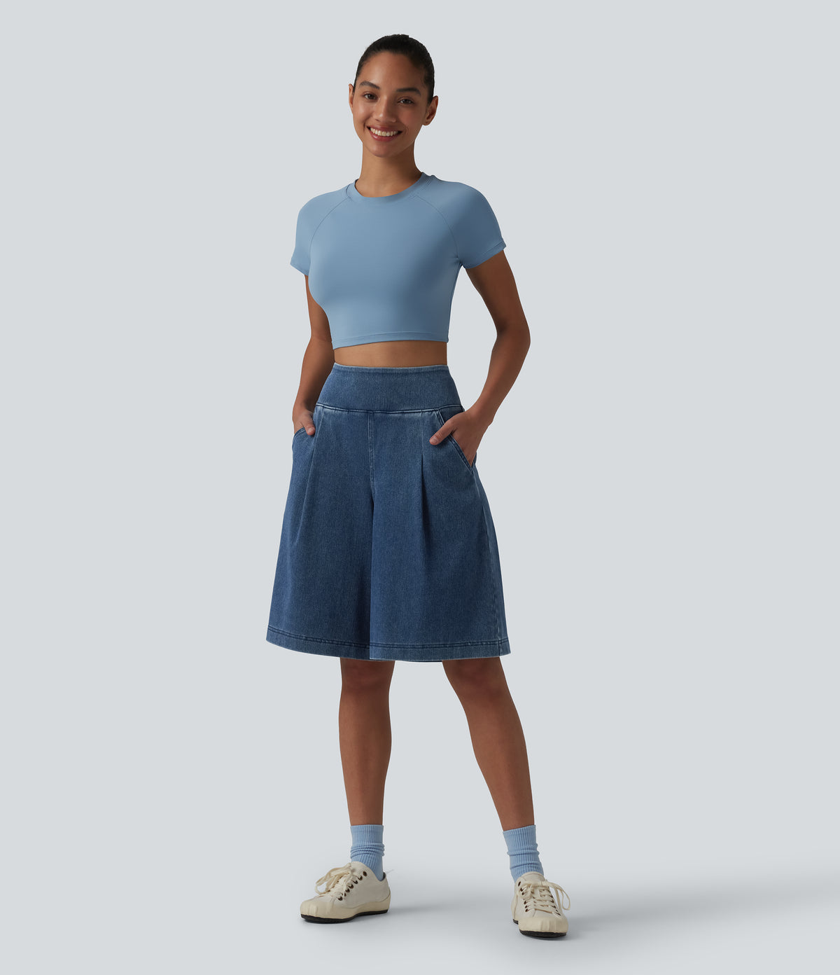 High Waisted Denim Casual Baggy Shorts 10'' with Pockets — Estate Blue Denim — view 6