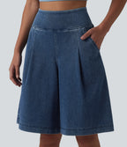 High Waisted Denim Casual Baggy Shorts 10'' with Pockets — Estate Blue Denim — view 4