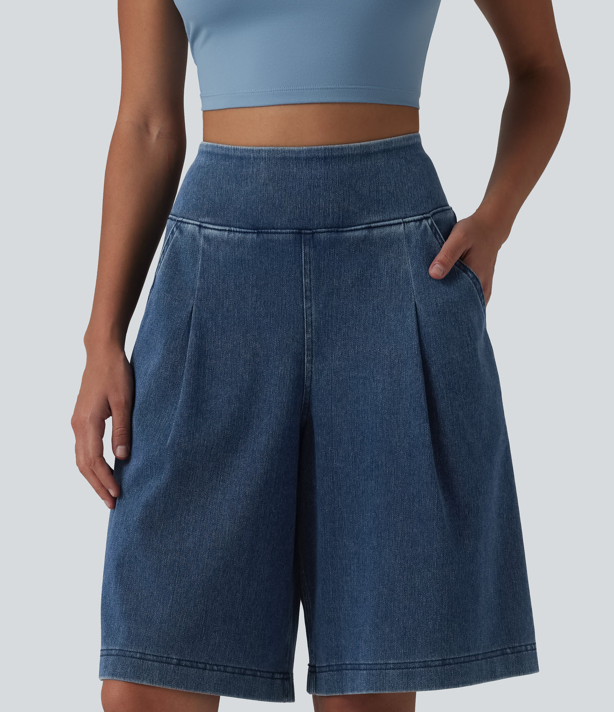 High Waisted Denim Casual Baggy Shorts 10'' with Pockets — Estate Blue Denim — view 3