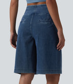High Waisted Denim Casual Baggy Shorts 10'' with Pockets — Estate Blue Denim — view 5