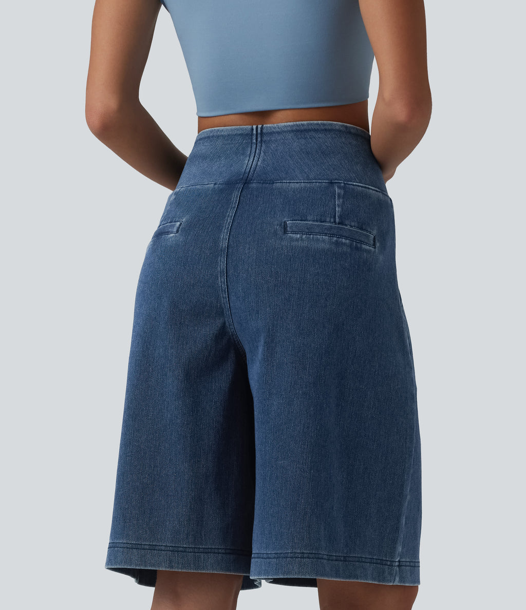 High Waisted Denim Casual Baggy Shorts 10'' with Pockets — Estate Blue Denim — view 2