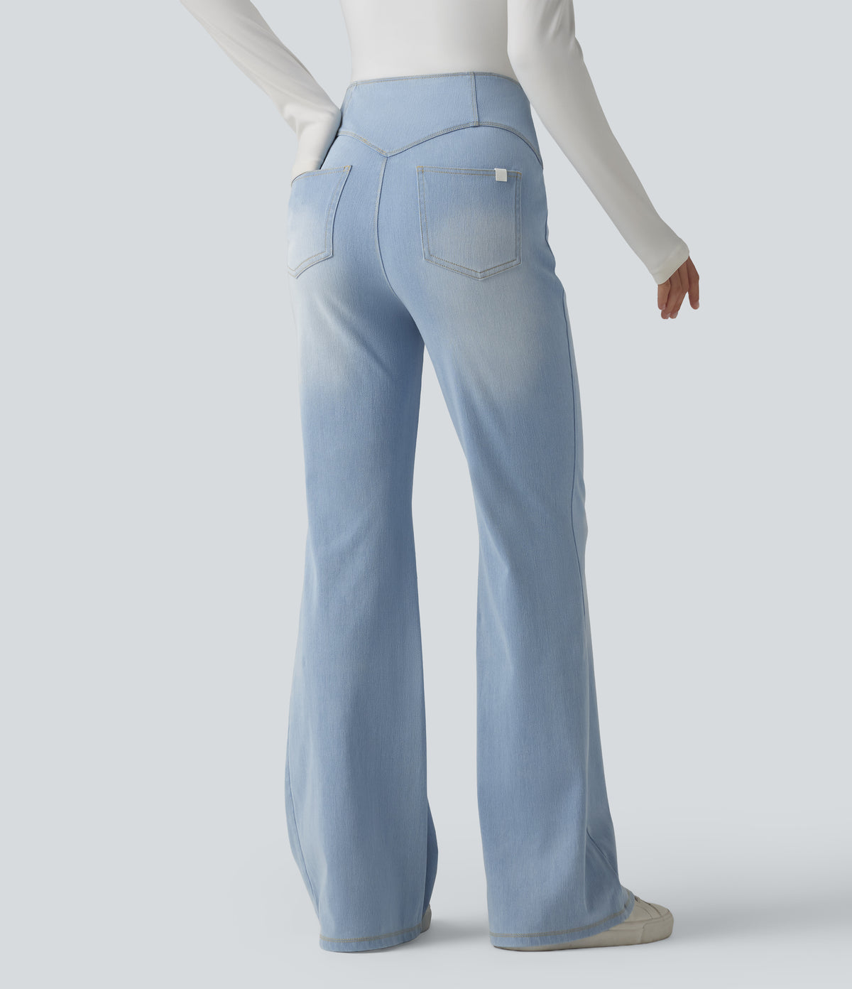 High Waisted Tummy Control Casual Flare Jeans with Pockets — Powder Blue Denim — view 2
