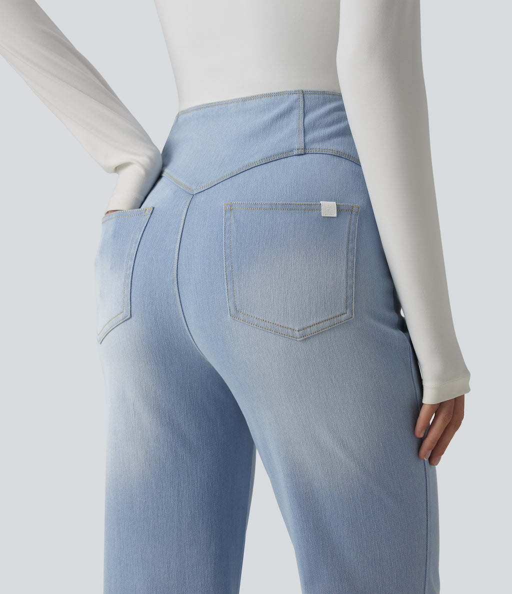 High Waisted Tummy Control Casual Flare Jeans with Pockets — Powder Blue Denim — view 5