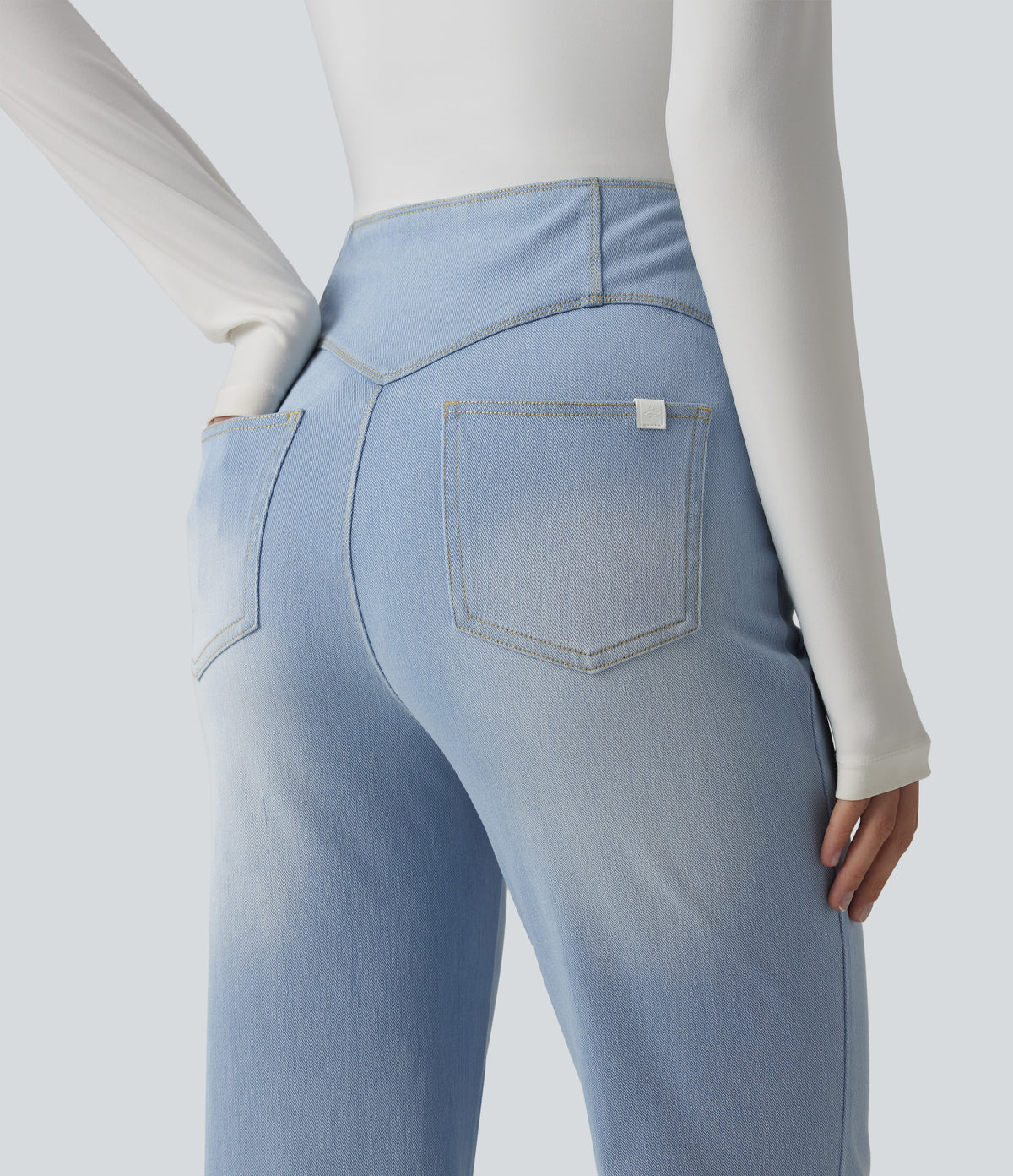 High Waisted Tummy Control Casual Flare Jeans with Pockets — Powder Blue Denim — view 5