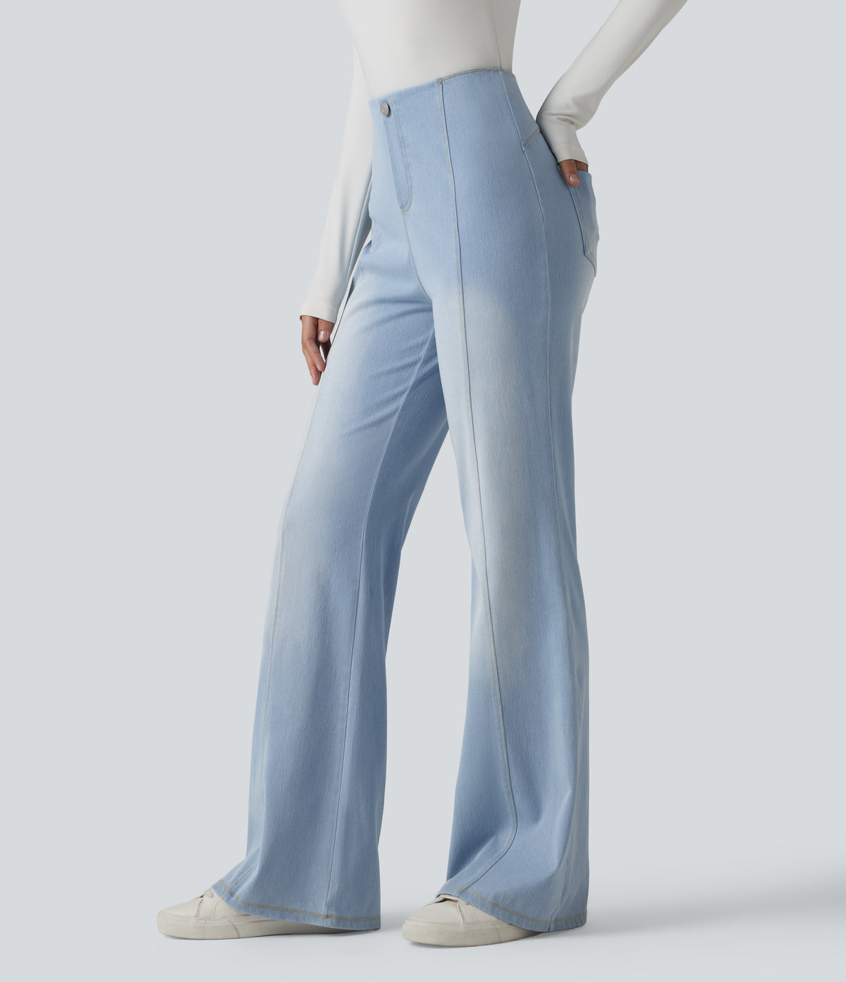 High Waisted Tummy Control Casual Flare Jeans with Pockets — Powder Blue Denim — view 3