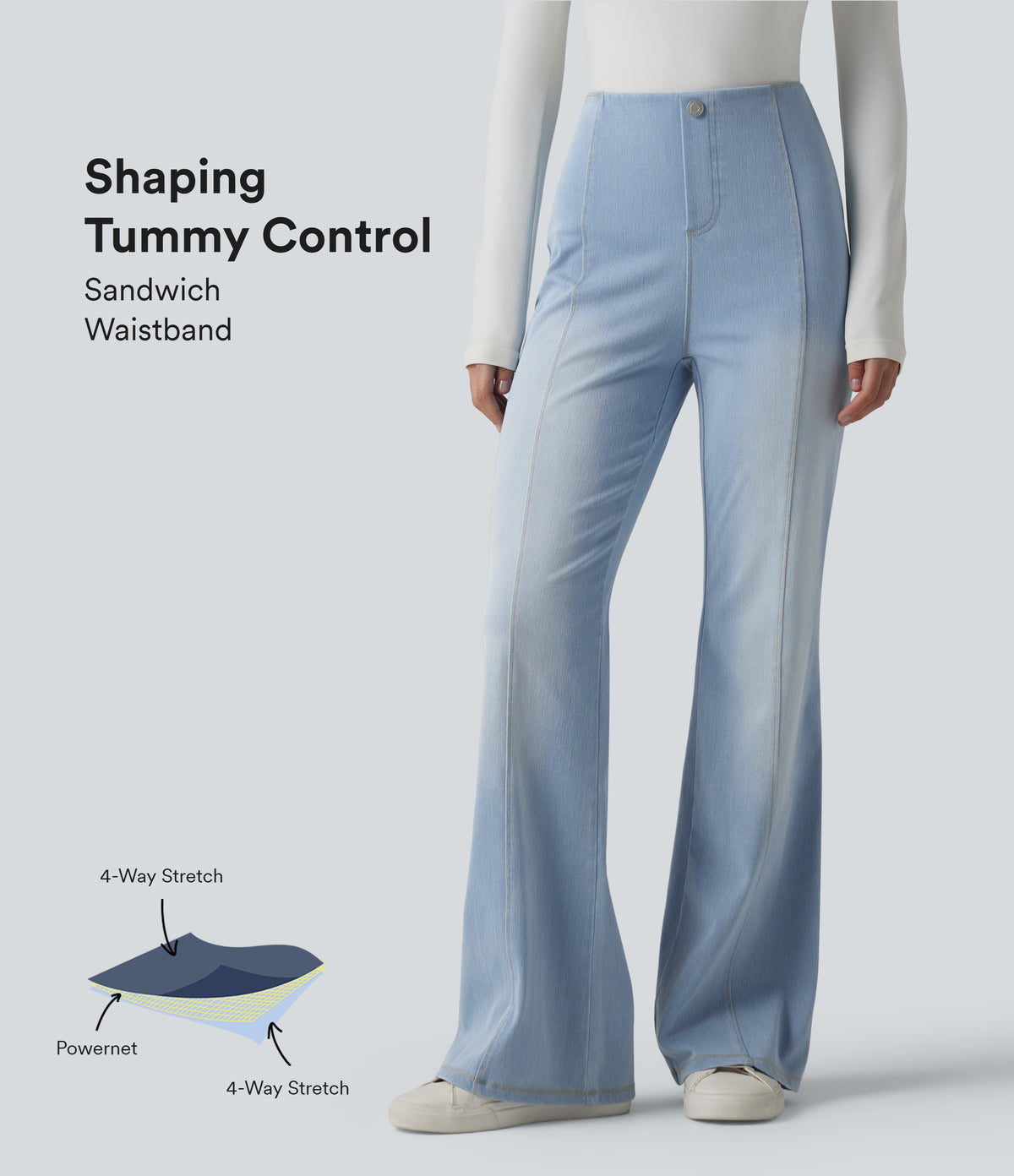 High Waisted Tummy Control Casual Flare Jeans with Pockets — Powder Blue Denim — view 1