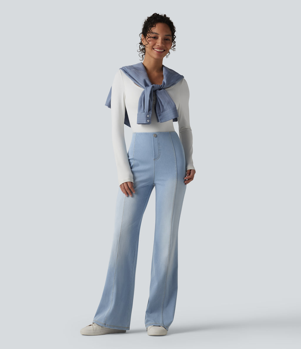 High Waisted Tummy Control Casual Flare Jeans with Pockets — Powder Blue Denim — view 6