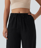 Mid Rise Drawstring Stripes Casual Linen-Blend Baggy Trousers with Pockets — Midnight Line — view 4