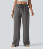 Mid Rise Drawstring Stripes Casual Linen-Blend Baggy Trousers with Pockets — Dusk Smoke Pinstripe — view 7
