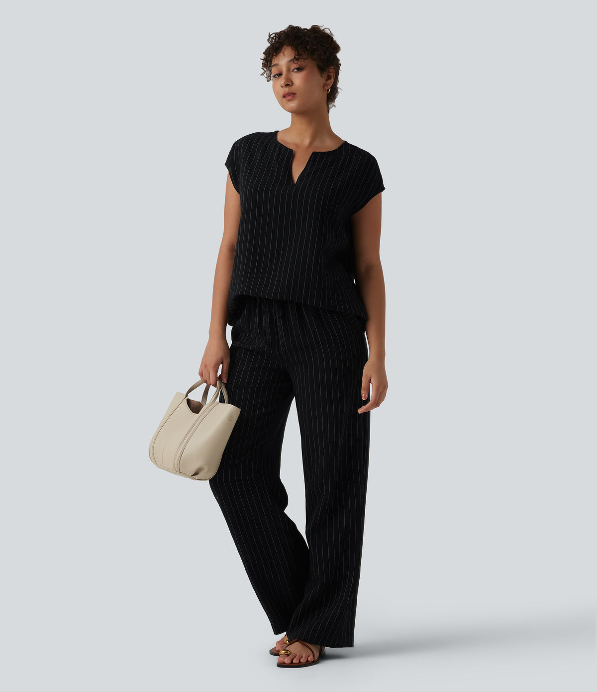 Mid Rise Drawstring Stripes Casual Linen-Blend Baggy Trousers with Pockets — Midnight Line — view 6