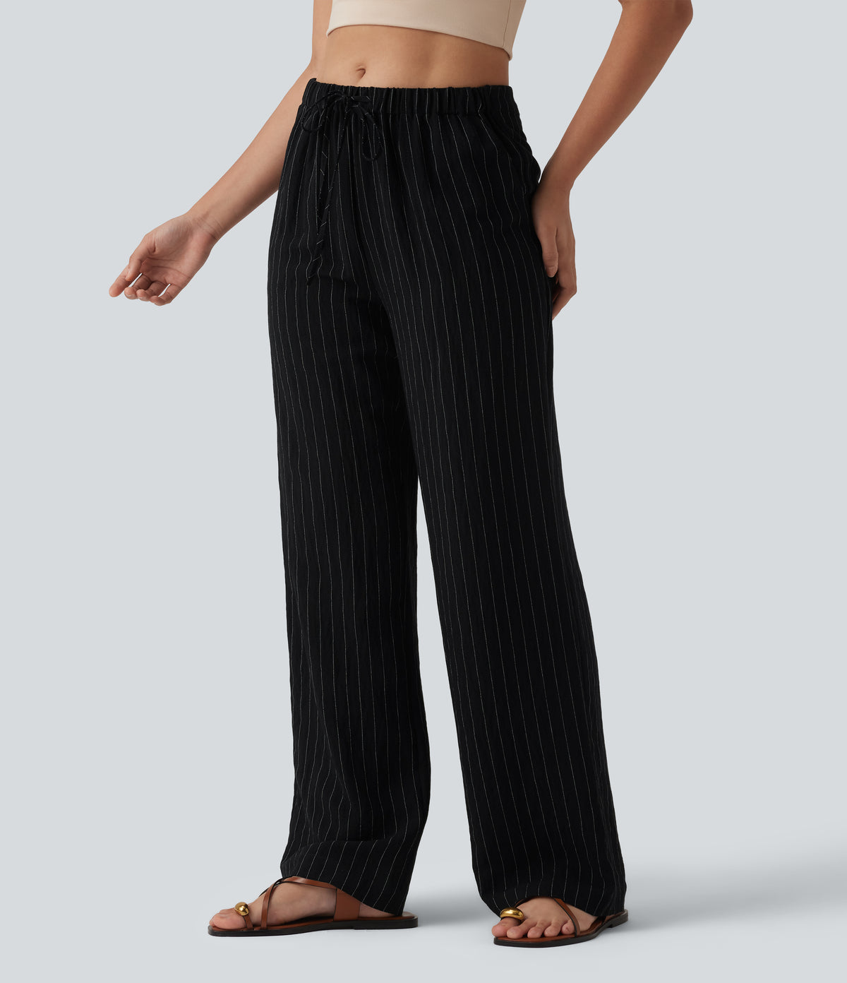 Mid Rise Drawstring Stripes Casual Linen-Blend Baggy Trousers with Pockets — Midnight Line — view 3