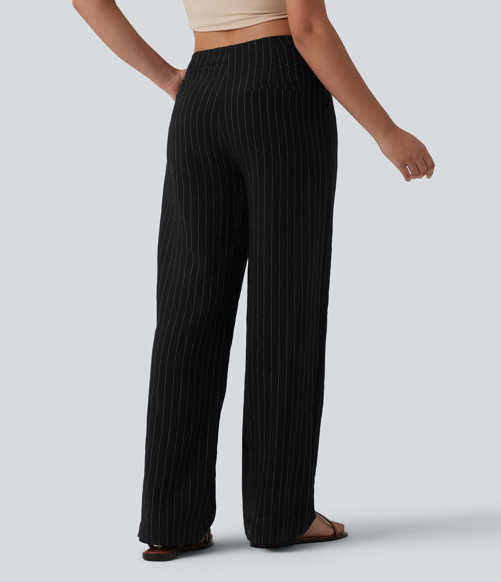 Mid Rise Drawstring Stripes Casual Linen-Blend Baggy Trousers with Pockets — Midnight Line — view 2