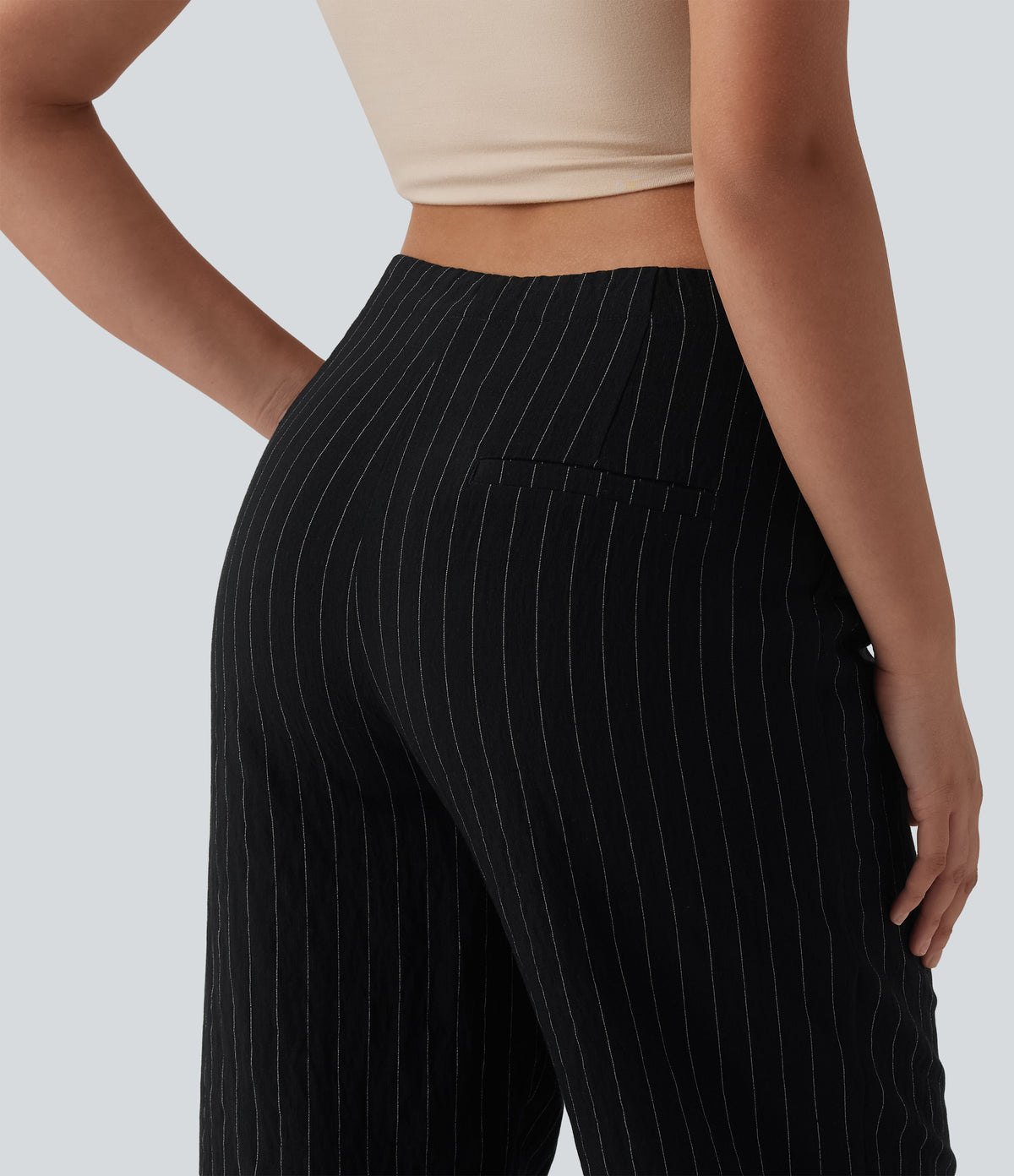 Mid Rise Drawstring Stripes Casual Linen-Blend Baggy Trousers with Pockets — Midnight Line — view 5