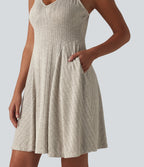 Ribbed Knit V-neck Flare Mini Casual Slip Dress with Pockets — Silver Lining — view 6