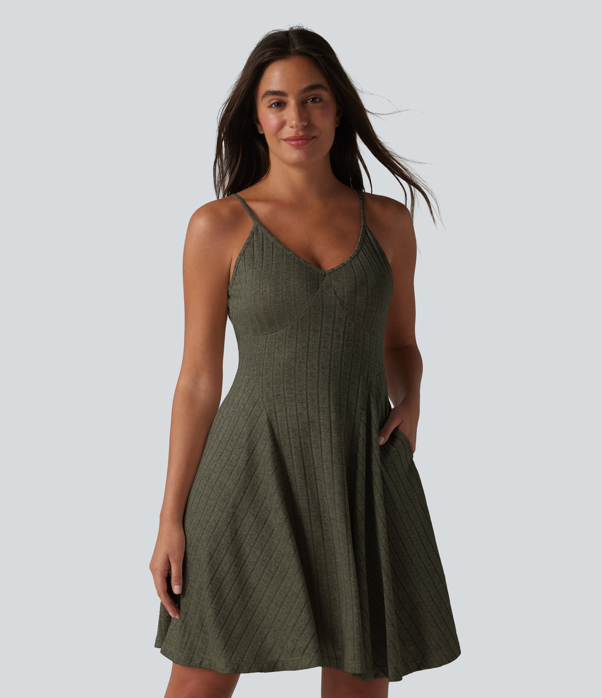 Ribbed Knit V-neck Flare Mini Casual Slip Dress with Pockets — Lone Pine Green — view 8