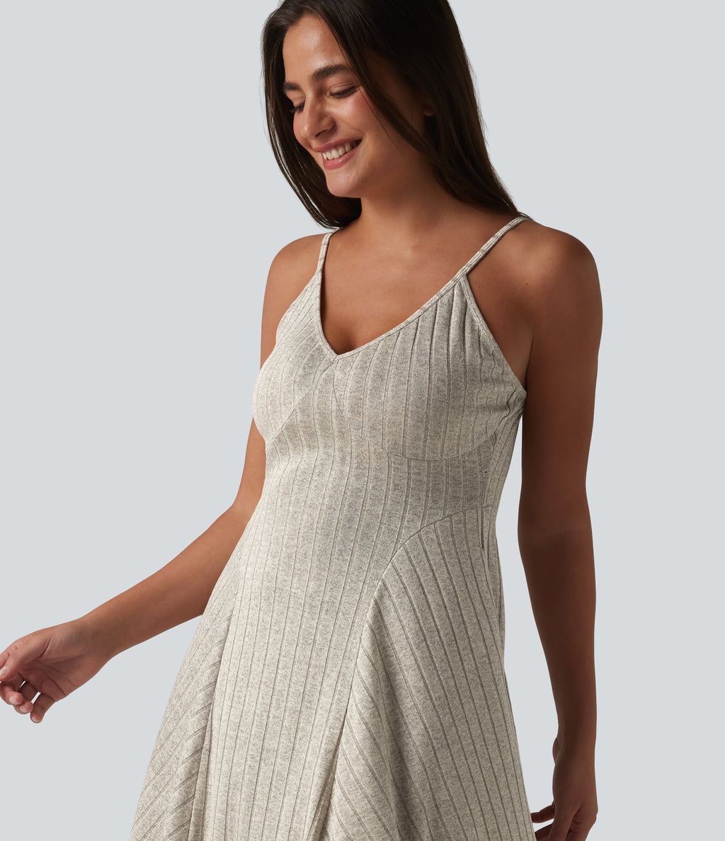 Ribbed Knit V-neck Flare Mini Casual Slip Dress with Pockets — Silver Lining — view 4