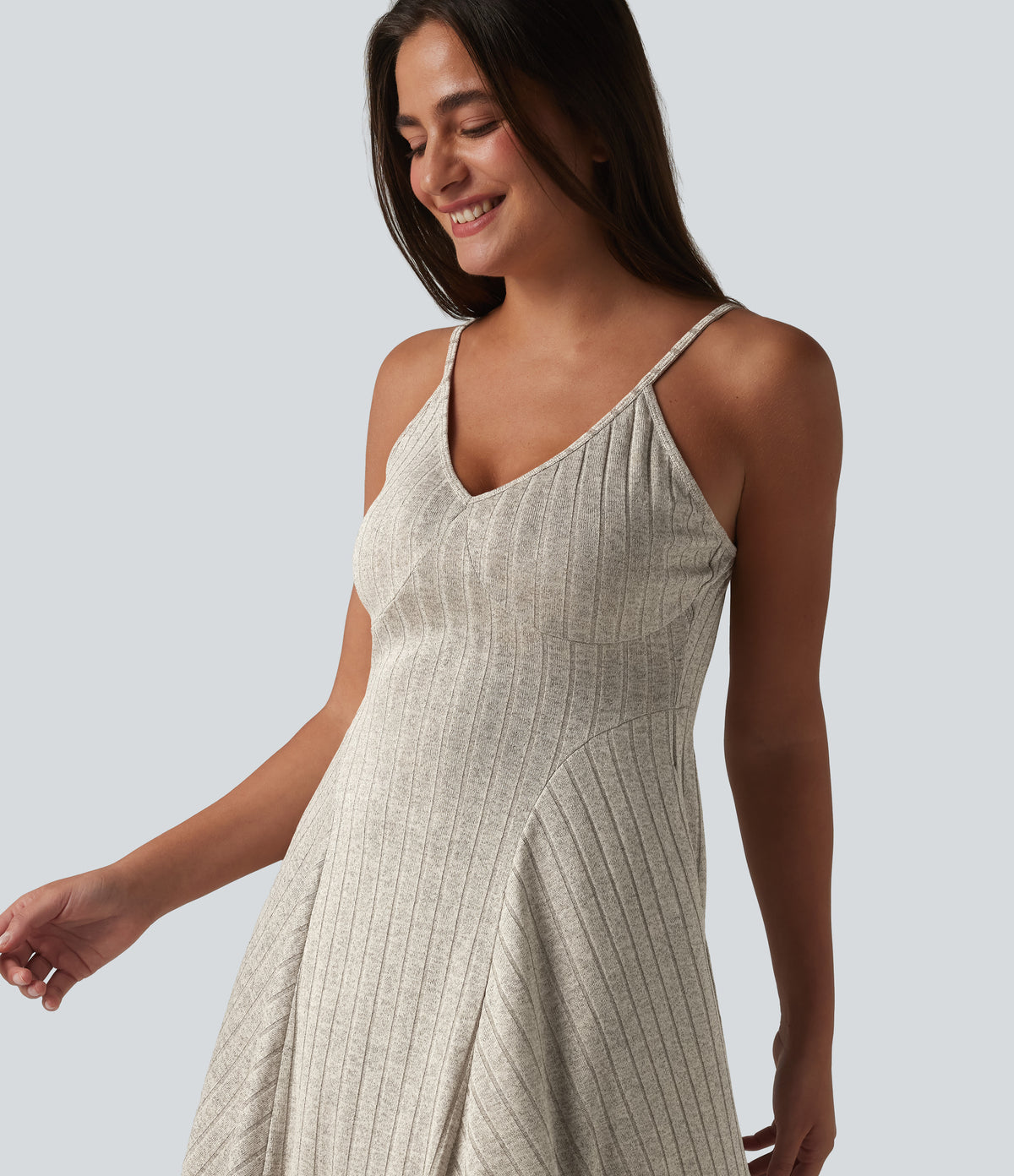 Ribbed Knit V-neck Flare Mini Casual Slip Dress with Pockets — Silver Lining — view 4
