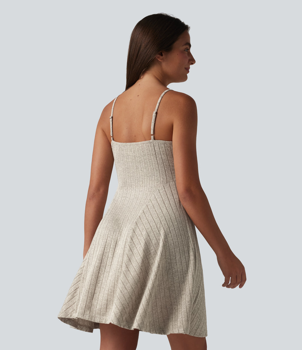 Ribbed Knit V-neck Flare Mini Casual Slip Dress with Pockets — Silver Lining — view 2