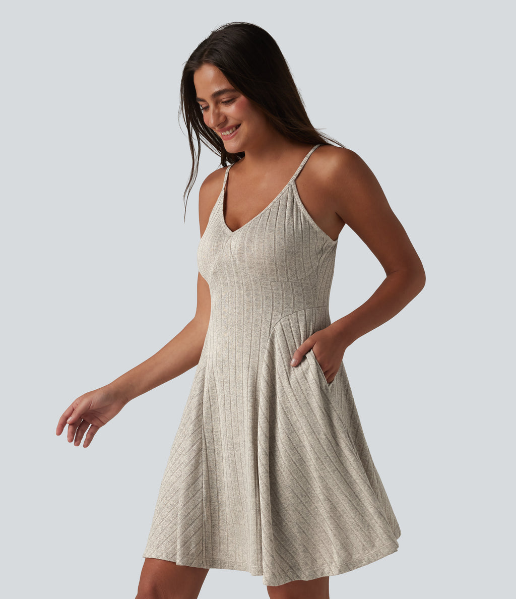 Ribbed Knit V-neck Flare Mini Casual Slip Dress with Pockets — Silver Lining — view 3