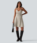 Ribbed Knit V-neck Flare Mini Casual Slip Dress with Pockets — Silver Lining — view 7