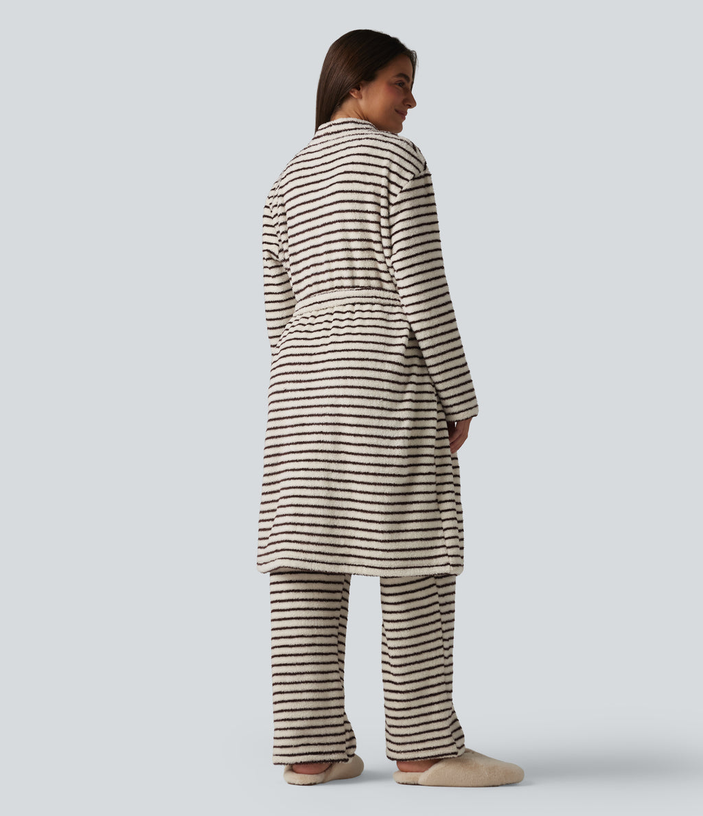 Long Sleeve Open Front Belted Stripe Flannel Longline Lounge Robe — Wine Stripe — view 2