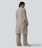 Long Sleeve Open Front Belted Stripe Flannel Longline Lounge Robe — Wine Stripe — view 2