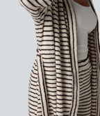 Long Sleeve Open Front Belted Stripe Flannel Longline Lounge Robe — Wine Stripe — view 6