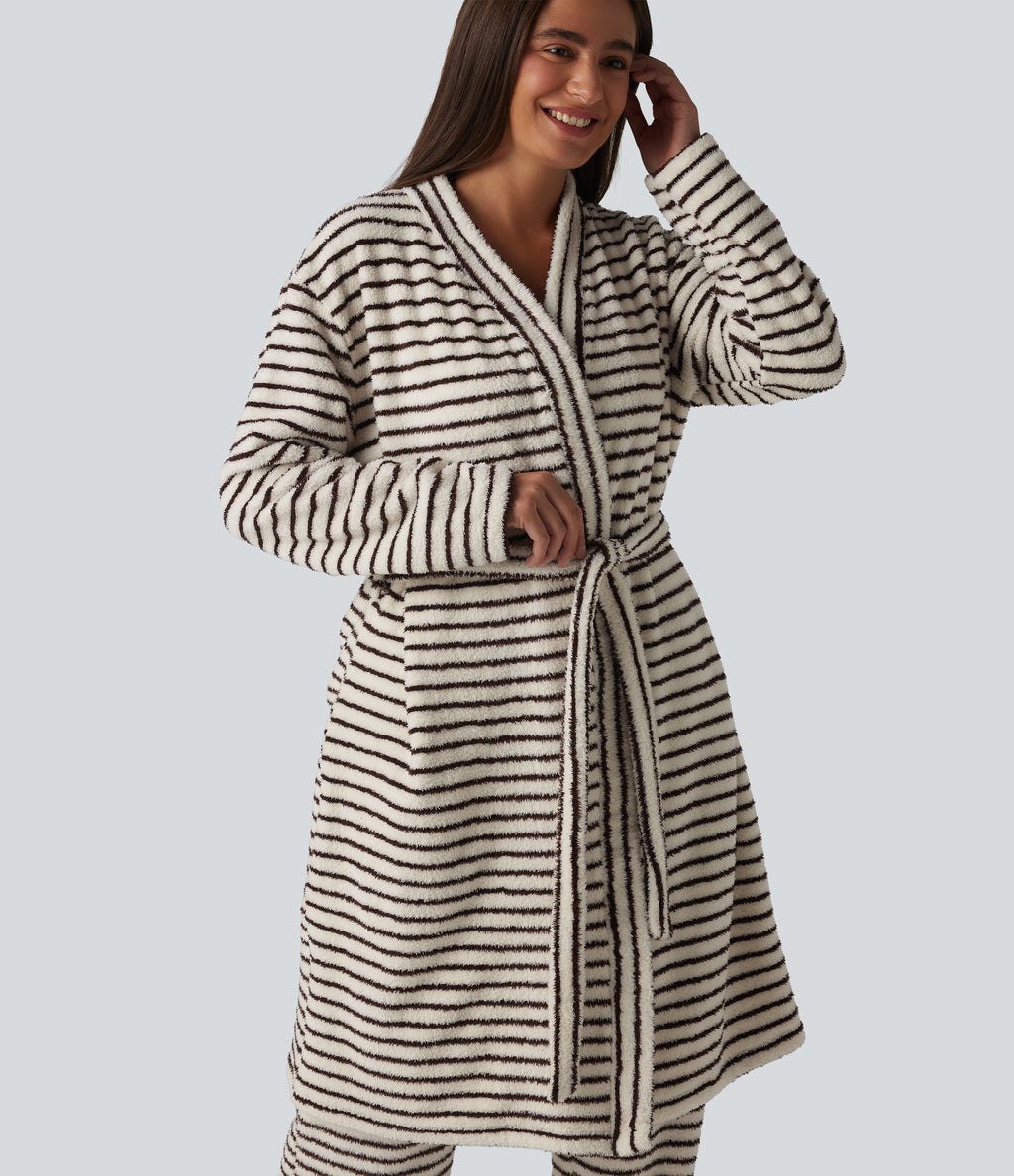 Long Sleeve Open Front Belted Stripe Flannel Longline Lounge Robe — Wine Stripe — view 4