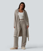 Long Sleeve Open Front Belted Stripe Flannel Longline Lounge Robe — Wine Stripe — view 7