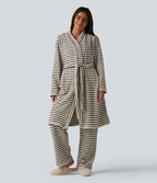 Long Sleeve Open Front Belted Stripe Flannel Longline Lounge Robe — Wine Stripe — view 1