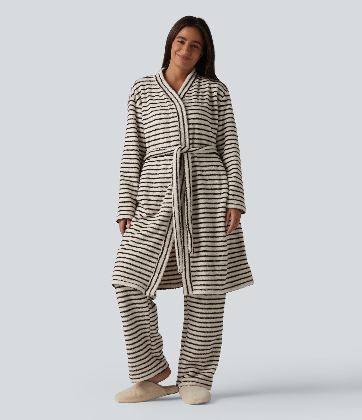 Long Sleeve Open Front Belted Stripe Flannel Longline Lounge Robe — Wine Stripe — view 1