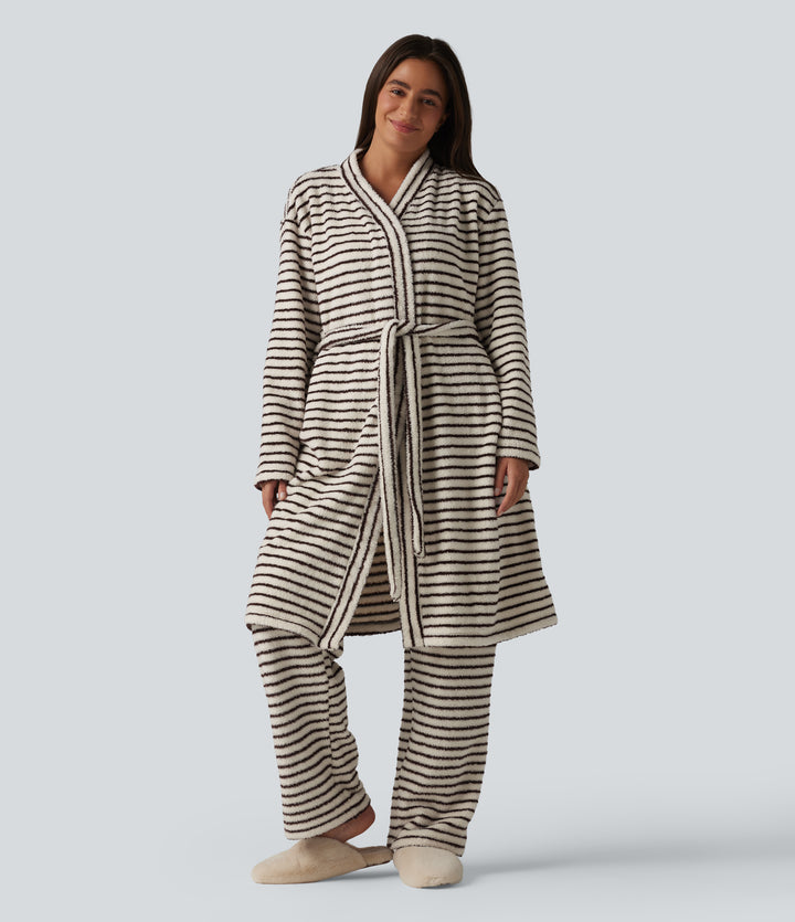 Long Sleeve Open Front Belted Stripe Flannel Longline Lounge Robe — Wine Stripe — view 1