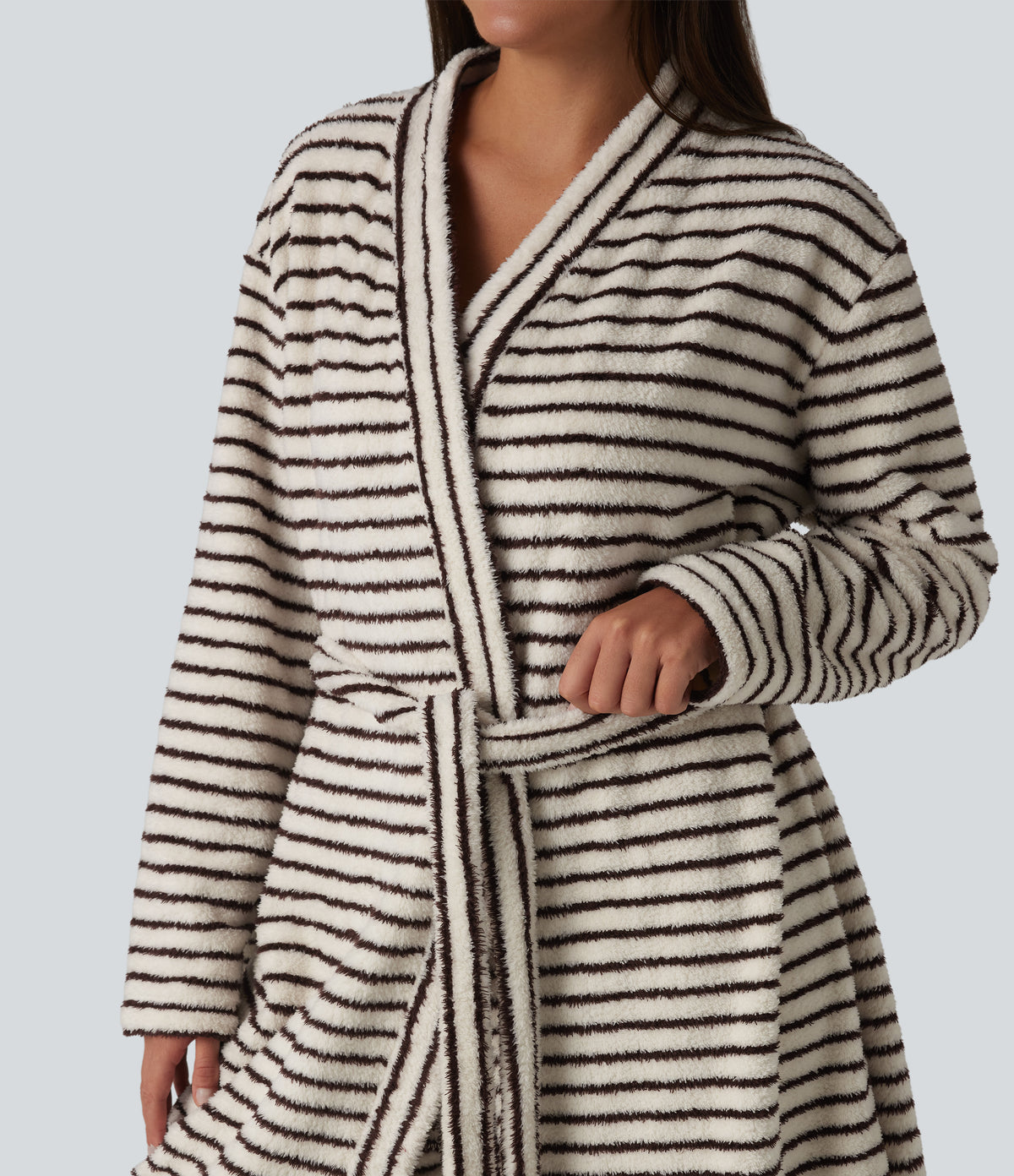 Long Sleeve Open Front Belted Stripe Flannel Longline Lounge Robe — Wine Stripe — view 5