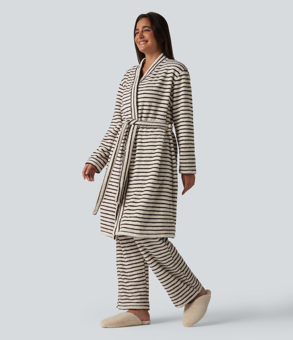Long Sleeve Open Front Belted Stripe Flannel Longline Lounge Robe — Wine Stripe — view 3