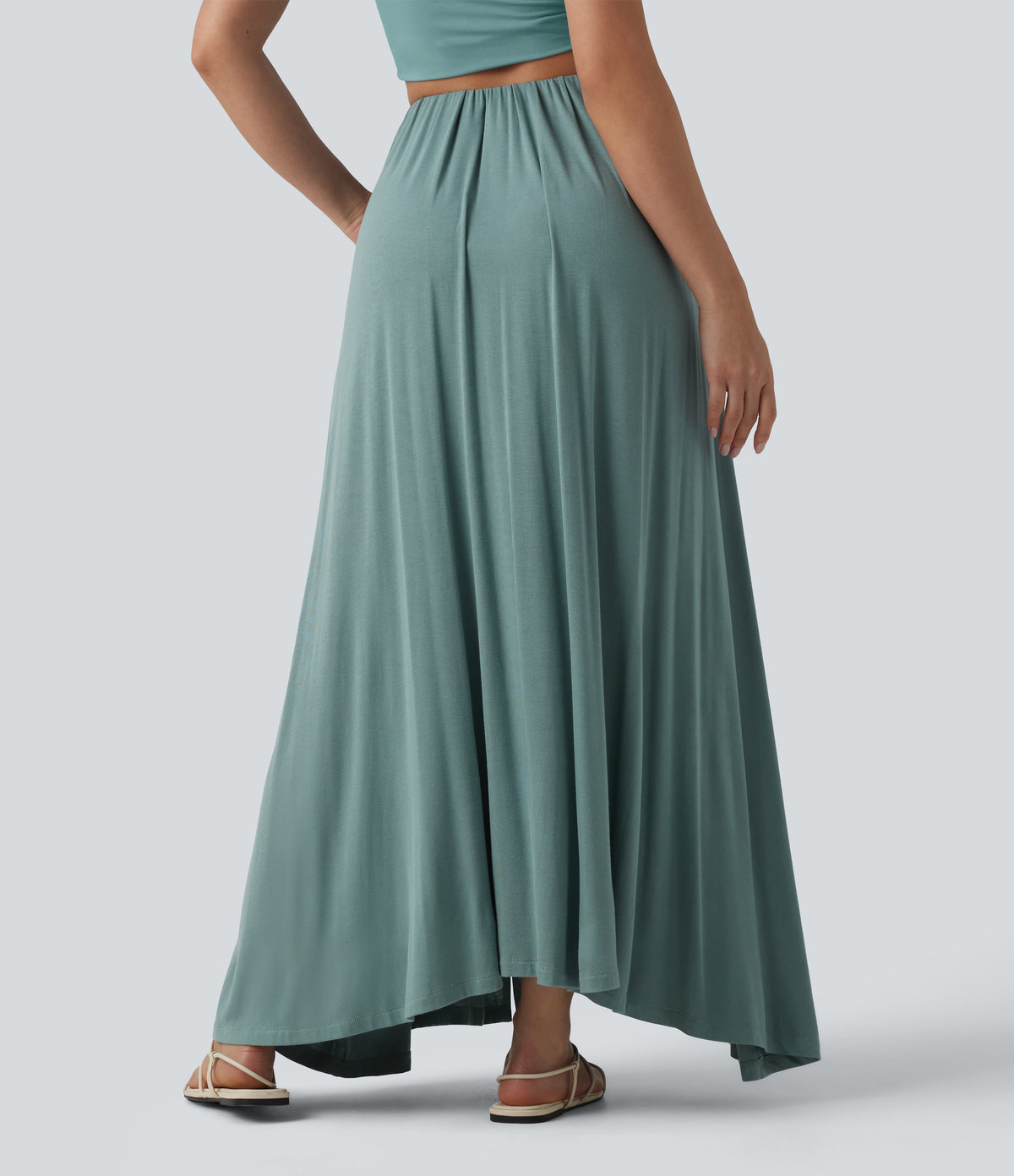 High Waisted Flowy Maxi Casual Skirt with Pockets — Clear Green — view 2