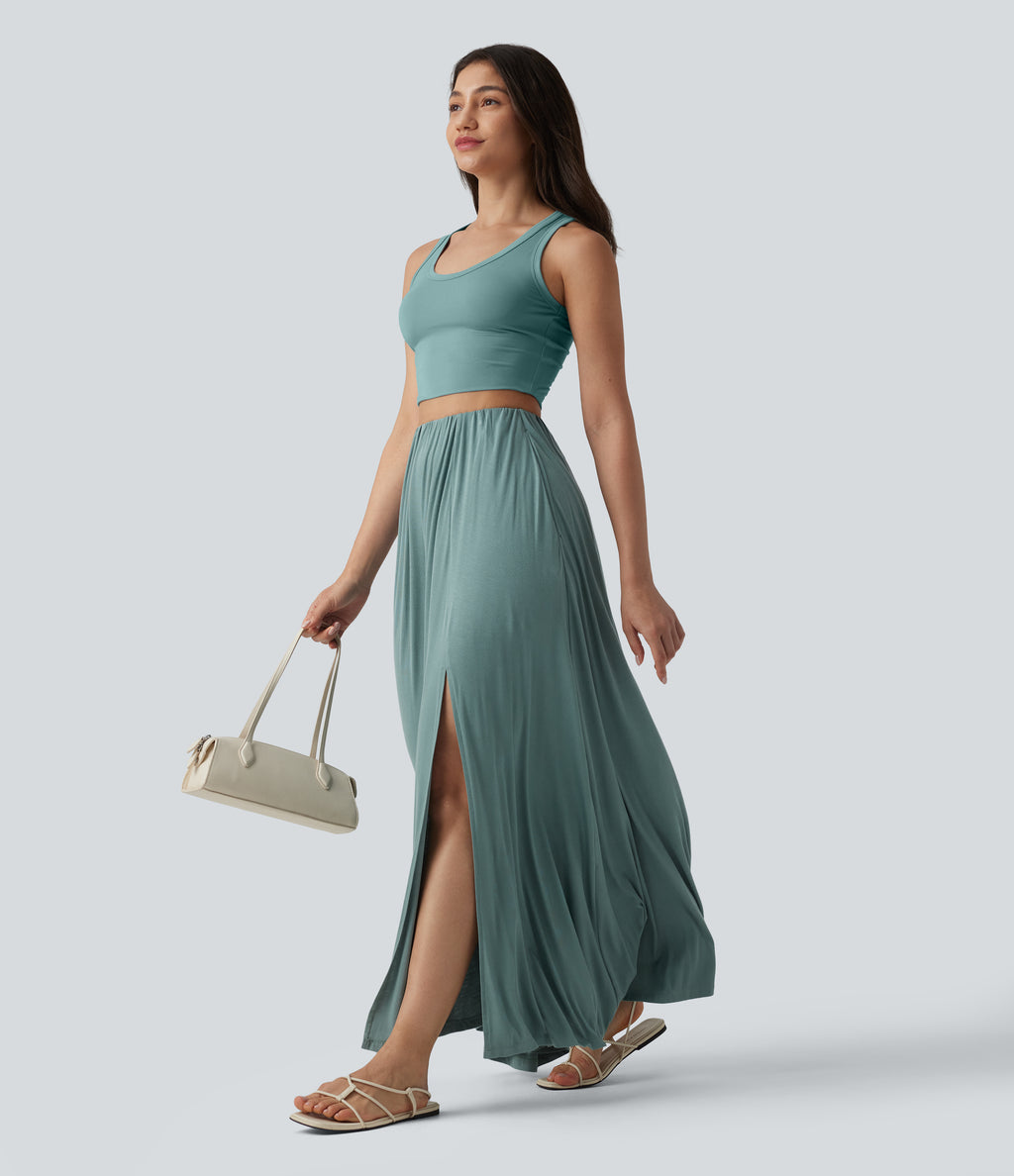 High Waisted Flowy Maxi Casual Skirt with Pockets — Clear Green — view 5