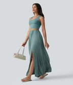 High Waisted Flowy Maxi Casual Skirt with Pockets — Clear Green — view 5
