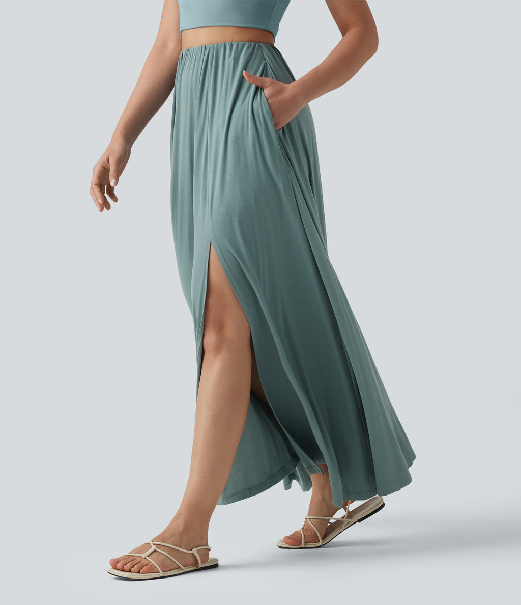 High Waisted Flowy Maxi Casual Skirt with Pockets — Clear Green — view 3