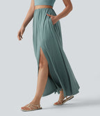 High Waisted Flowy Maxi Casual Skirt with Pockets — Clear Green — view 3