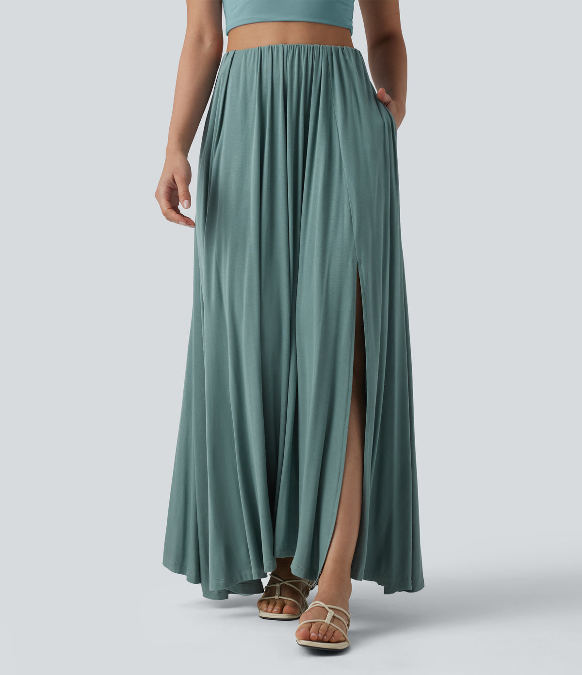 High Waisted Flowy Maxi Casual Skirt with Pockets — Clear Green — view 1