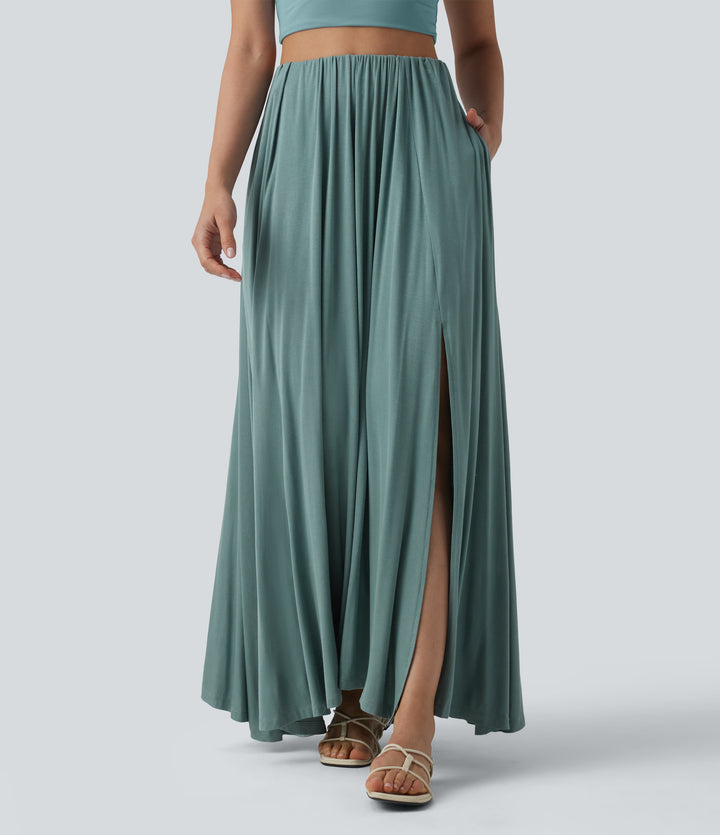High Waisted Flowy Maxi Casual Skirt with Pockets — Clear Green — view 1