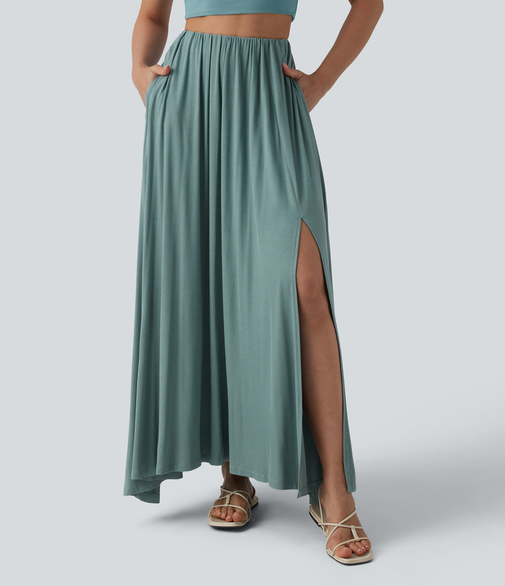 High Waisted Flowy Maxi Casual Skirt with Pockets — Clear Green — view 4