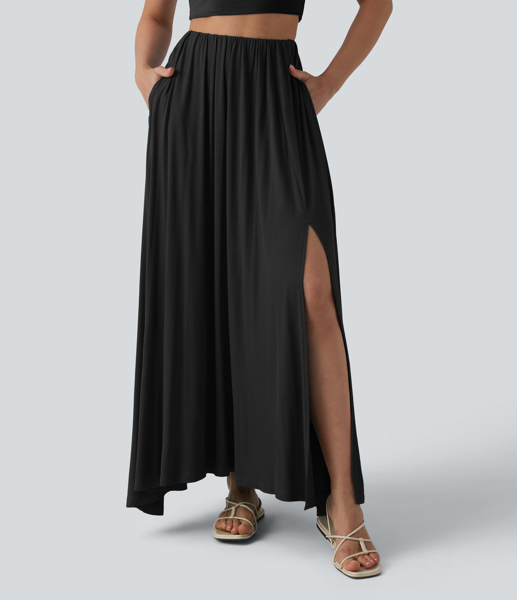 High Waisted Flowy Maxi Casual Skirt with Pockets — Black — view 6