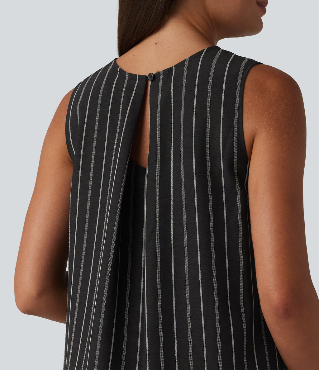 Round Neck Sleeveless Keyhole Back Stripe Midi Casual Dress with Pockets — Shadow Gleam Stripe — view 4