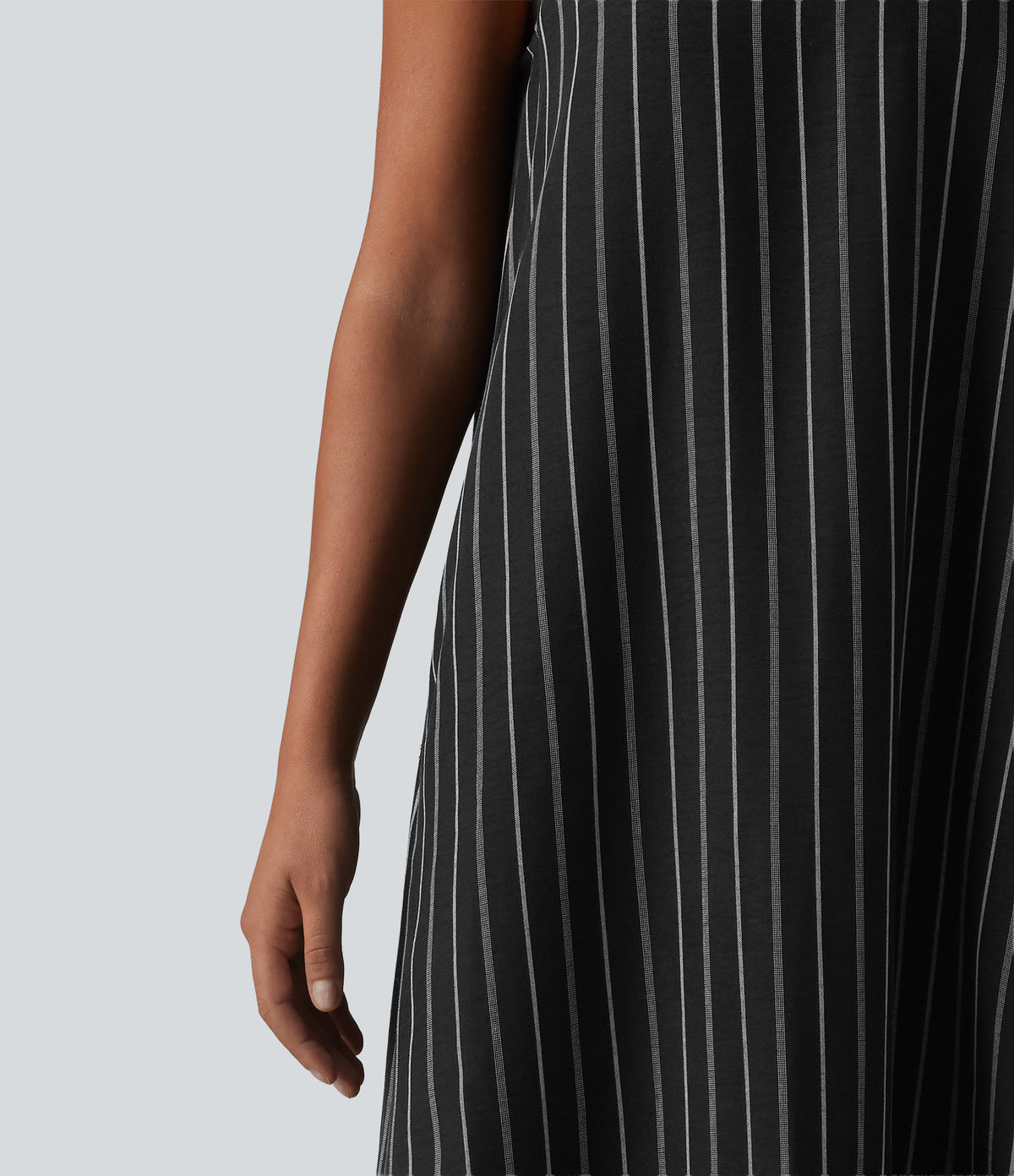 Round Neck Sleeveless Keyhole Back Stripe Midi Casual Dress with Pockets — Shadow Gleam Stripe — view 6